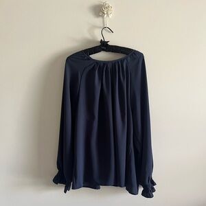 Elegant Long Sleeve Navy Plus Size Blouse With Gathered Neckline Size 4XL
